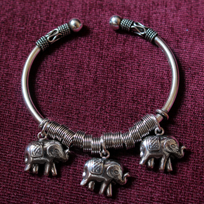 3 Thailand Elephants 925 Silver Open Bracelet For Women